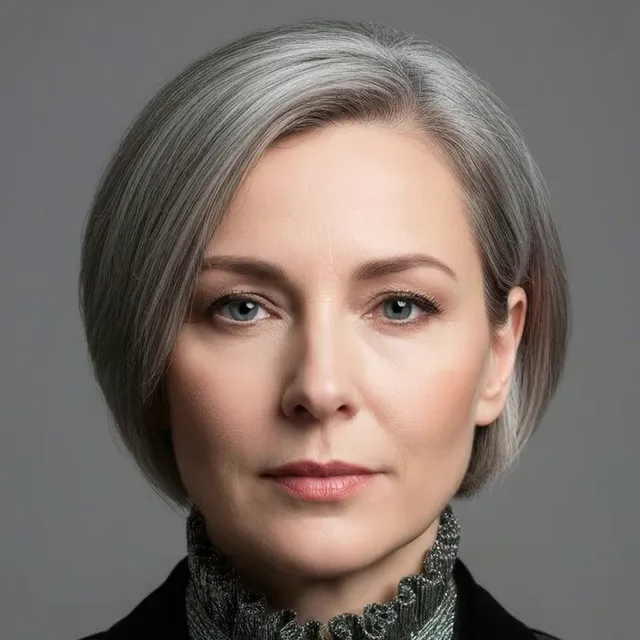 Aida, a calm woman with short silver hair